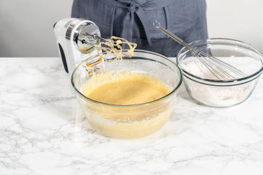 Malzemeleri karıştırıcı ile karıştırarak büyük bir karıştırma kabında yumurta likörü pişirmek..