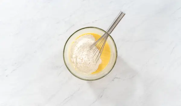 Flat Lay Mixing Ingredients Large Glass Mixing Bowl Bake Lemon — Stock Photo, Image