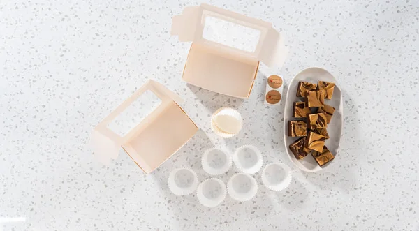 Flat Lay Packaging Homemade Chocolate Fudge Peanut Butter Swirl White — Stock Photo, Image