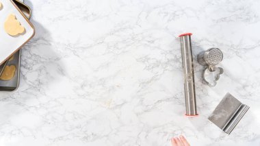 Düz yatıyordu. Yuvarlanan kurabiye hamuru ve panda şeklinde kurabiye kesme.