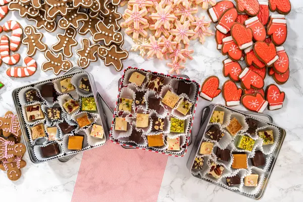 Pose Plate Emballage Une Variété Maison Biscuits Caramel Pain Épice — Photo