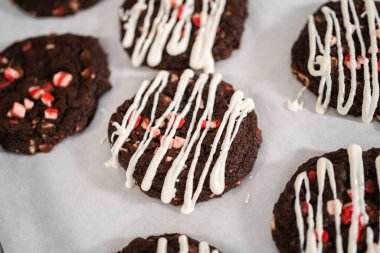Taze pişmiş çikolatalı kurabiyeler ve üzerine nane şekeri serpiştirilmiş beyaz çikolata..