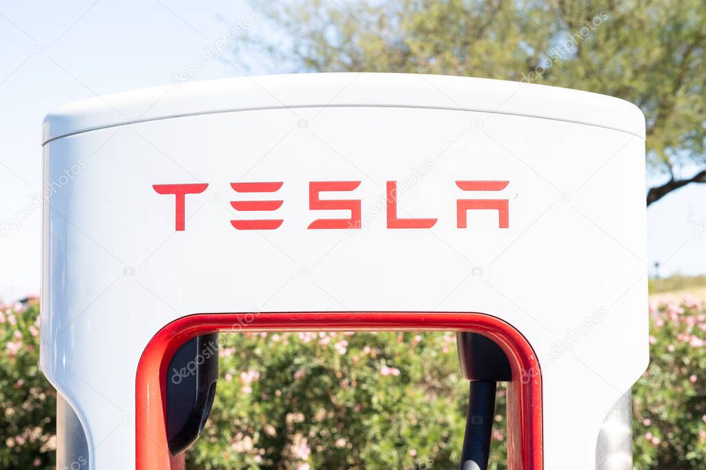 Las Vegas, California, USA-October 16, 2021 - Tesla supercharging station during the day.