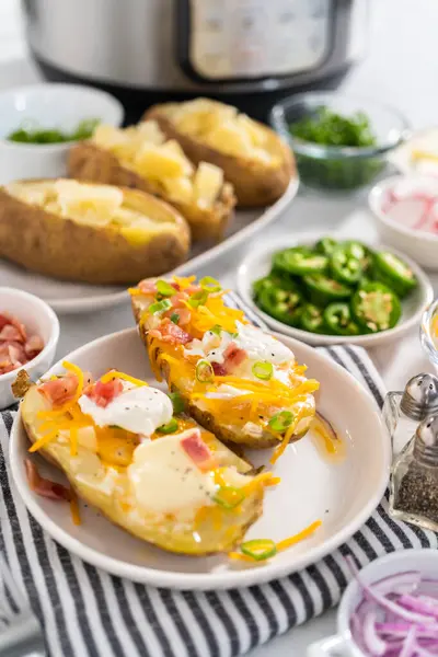 Pressure Cooker Baked Potatoes Garnished Large Baked Potatoes Butter Sour — Stock Photo, Image