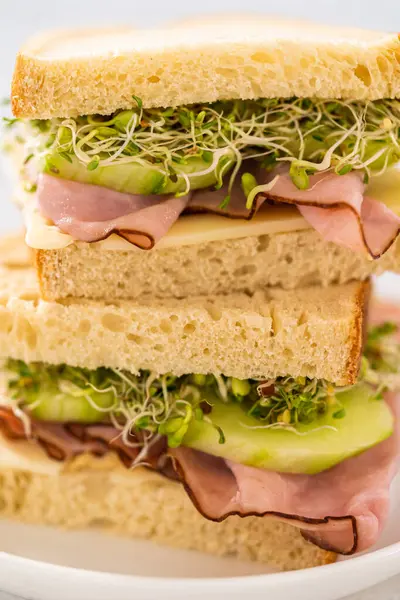 Stack Ham Cucumber Sprout Sandwiches White Plate — Stok fotoğraf