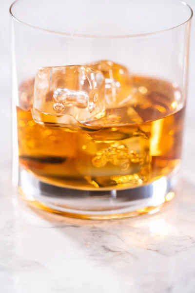 Scotch Rocks Whiskey Glass White Marble Surface — Stock Photo, Image