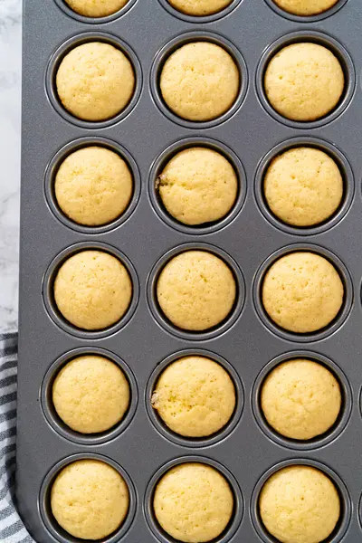 Cooling Freshly Baked Mini Vanilla Cupcakes Kitchen Counter — Stock Photo, Image