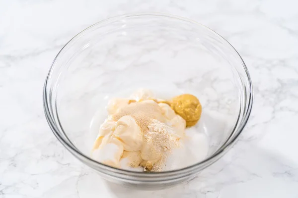 Mixing Ingredients Large Glass Mixing Bowl Make Dressing Macaroni Salad — Stock Photo, Image