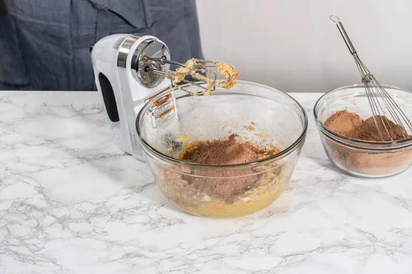 Mixing Ingredients Hand Mixer Bake Chocolate Cookies Chocolate Hearts Valentines — Stok Foto