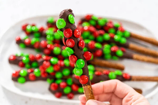 Denver Colorado Usa December 2022 Holding Chocolate Covered Pretzel Rod — Stock Photo, Image