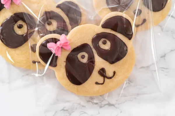 Packaging Panda Shaped Shortbread Cookies Chocolate Icing Individual Clear Bags — Stock Photo, Image