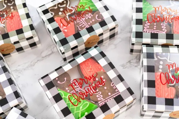 Balení Domácí Škály Karamelových Perníkových Sušenek Vánoční Dárky Papírových Krabic — Stock fotografie