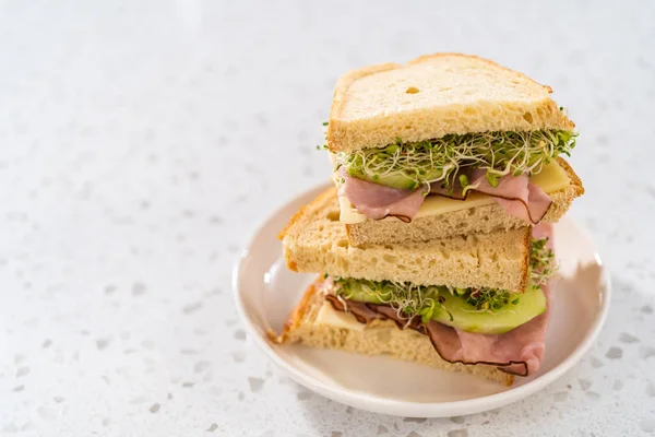 Stack Ham Cucumber Sprout Sandwiches White Plate — стоковое фото