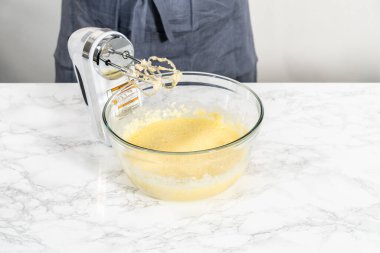 Malzemeleri karıştırıcı ile karıştırarak büyük bir karıştırma kabında yumurta likörü pişirmek..