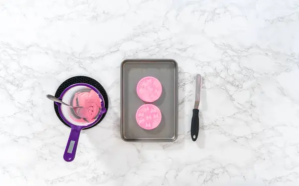 Flat Lay Preparing Pink Chocolate Bows Decorate Panda Shaped Shortbread — Stock Photo, Image