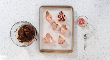 Düz yatıyordu. Kurabiye kesiciyi Noel kurabiyeli naneli şekerlemeyle dolduruyorum..