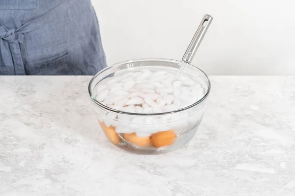 Cooling Freshly Cooked Hard Boiled Eggs Bowl Ice Water — Stock Photo, Image
