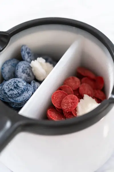 Melting Chocolate Chips Candy Melting Pot Make Red White Blue — Photo
