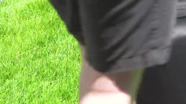 Residential Suburban House Lush Green Lawn Meticulously Mowed Using Electric — Stock Video