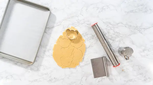 Flat Lay Rolling Cookie Dough Cutting Out Panda Shaped Shortbread — Stock Photo, Image