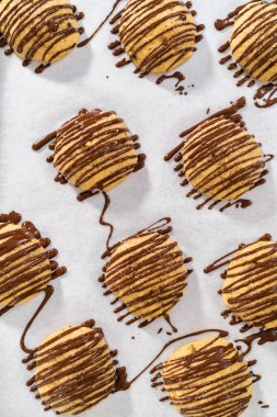 Muzlu kurabiyelerin üzerine erimiş çikolata serpiştirmek.