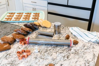 Çağdaş beyaz bir mutfakta zencefilli kurabiye hamuru ustalıkla sarılır ve nefis bir tatil ziyafeti için zemin hazırlar..