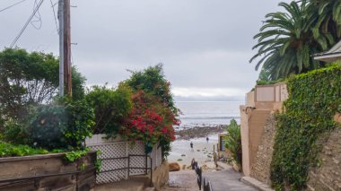 Kaliforniya, Miramar Sahili kıyılarında yürürken bulutlu kış gökyüzü sakin ve yansıtıcı bir atmosfer yaratır..