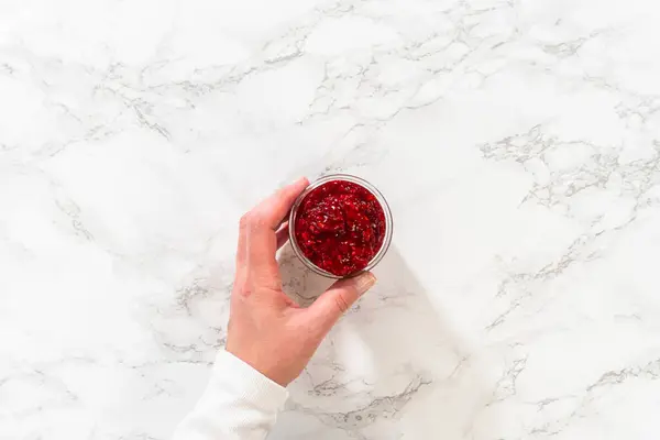 Flat Lay Freshly Made Raspberry Cake Filling Carefully Poured Glass — Stock Photo, Image