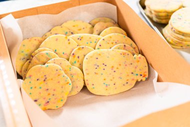 Kadın özenle, hamur karışımı şekerlemelerle dolu şekerli kurabiyeleri kırsal kahverengi bir karton kutuya yerleştiriyor..