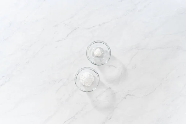 Flat Lay Measured Ingredients Glass Mixing Bowls Prepare Powdered Sugar — Stock Photo, Image