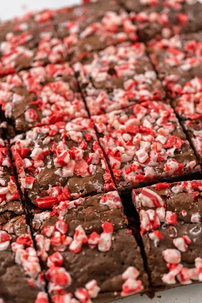 Cutting Freshly Baked Peppermint Brownies Chocolate Peppermint Chips Squares — Stock Photo, Image