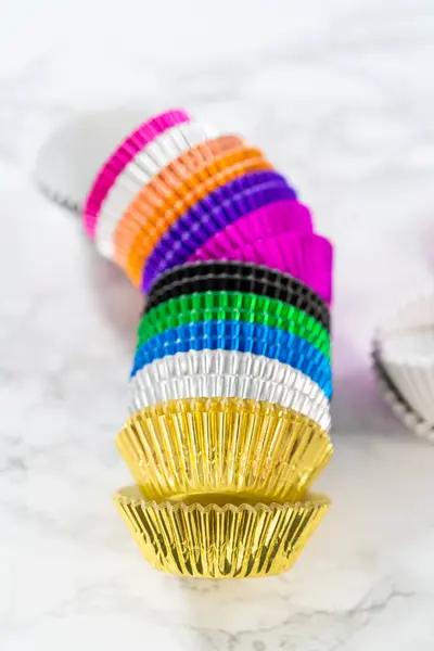 New Foil Cupcake Liners Different Colors Kitchen Counter — Stock Photo, Image