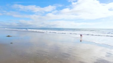 California 'da bir baba ve kızı, El Capitan Eyalet Plajı' nın ıssız kumları boyunca sakin bir kış yürüyüşünü paylaşıyor..