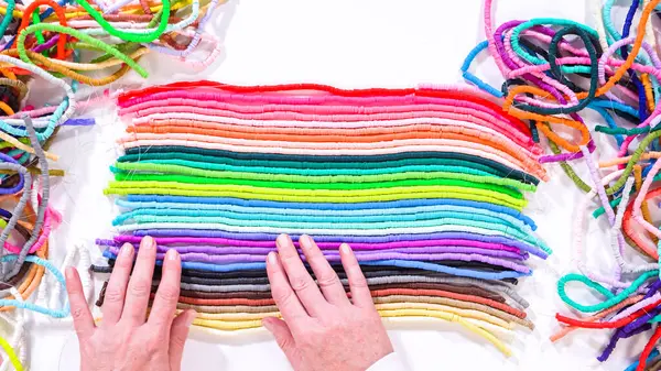 Flat Lay Hands Touch Neatly Organized Rainbow Colorful Coiled Clay — Stock Photo, Image