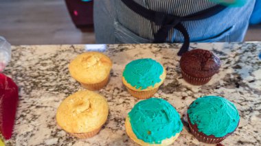 Tereyağlı krema kremalı, vanilyalı ve çikolatalı kekler çeşitli kaktüslere benzemesi için karmaşık bir şekilde dekore edilir.