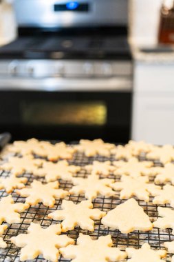 Lezzetli kar tanesi şekilli şekerli kurabiyeleri rafta soğutup onları Noel hediyelerine hazırlıyorum..