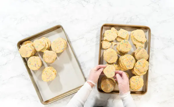 Flat Lay Large Quantity Sprinkle Filled Sugar Cookies Neatly Stacked — Stock Photo, Image