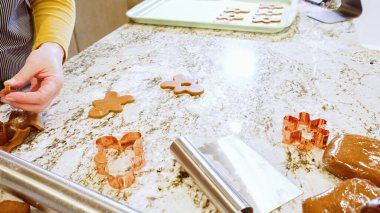 Çeşitli şenlikli kurabiye kesicilerle mermer tezgahtaki rulo hamurdan sevimli zencefilli kurabiyeler kesip modern mutfağa bayram neşesi getiriyorduk..