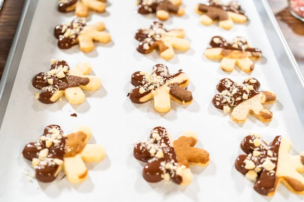 Zuckerkekse Ausschnitt Teilweise Schokolade Getaucht Und Mit Haselnussstücken Belegt Auf — Stockfoto