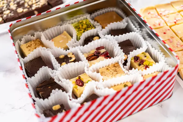 Embalagem Uma Variedade Caseira Fudge Para Presentes Comida Natal Caixas — Fotografia de Stock
