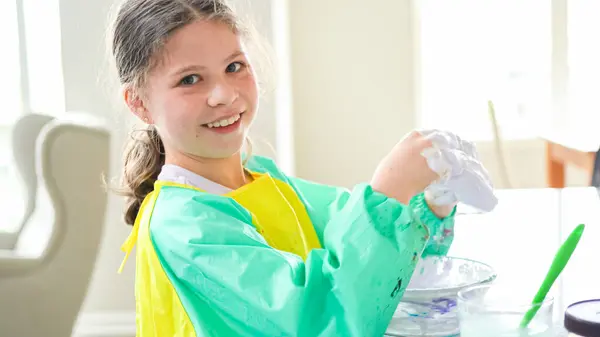 Modern Kitchen Homeschooled Girl Engrossed Creating Homemade Slime Fun Educational — Stock Photo, Image