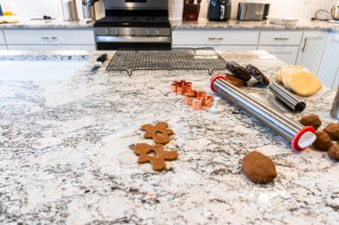 Çağdaş beyaz bir mutfakta zencefilli kurabiye hamuru ustalıkla sarılır ve nefis bir tatil ziyafeti için zemin hazırlar..