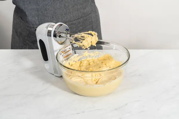 Mixing Ingredients Large Glass Mixing Bowl Bake Lemon Blueberry Bundt — Stock Photo, Image