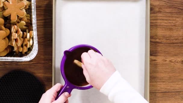 Pose Plate Préparation Biscuits Étoilés Moitié Trempés Dans Chocolat Accentués — Video