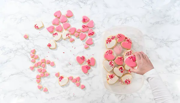 Flat Lay Storing Heart Shaped Sugar Cookies Pink White Royal — Stock Photo, Image