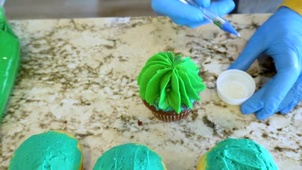 Usando Cobertura Creme Manteiga Baunilha Cupcakes Chocolate São Intrinsecamente Decorados — Vídeo de Stock