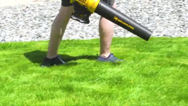 キャッスルロック コロラド 2023 住宅郊外の家で 緑豊かな芝生は 電気芝刈り機を使用して細心の注意深く芝生を作成し よく目立つと屋外スペースを招待 — ストック動画