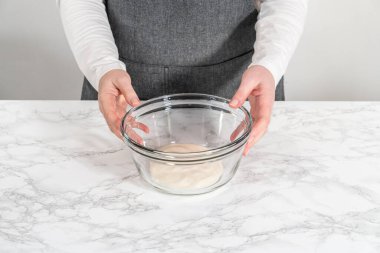 Ev yapımı kraliyet kreması yapmak için büyük bir cam karıştırma kabında malzemeleri karıştırıyorum..