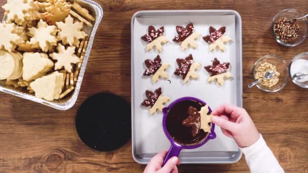 Επίπεδη Προετοιμασία Μπισκότα Σχήμα Αστεριού Μισοβουτηγμένα Σοκολάτα Τονισμένα Κομματάκια Σοκολάτας — Αρχείο Βίντεο