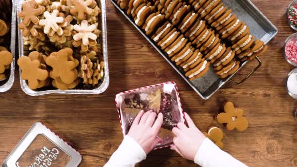 平躺在床上可爱的自制姜饼和糖饼干 一半浸在浓郁的巧克力中 安顿在装饰精美的圣诞锡盒中 非常适合季节性送礼 — 图库视频影像